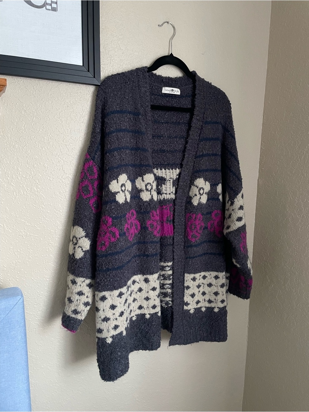Natural Life Calla Jacquard Cardigan Sweater Size L/XL Charcoal Flower Boho Fun - Picture 6 of 11